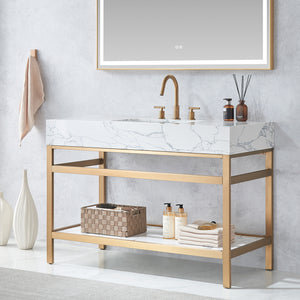 Ecija 48" Free-standing Single Bath Vanity in Brushed Gold Metal Support with Pandora White Composite Stone Top