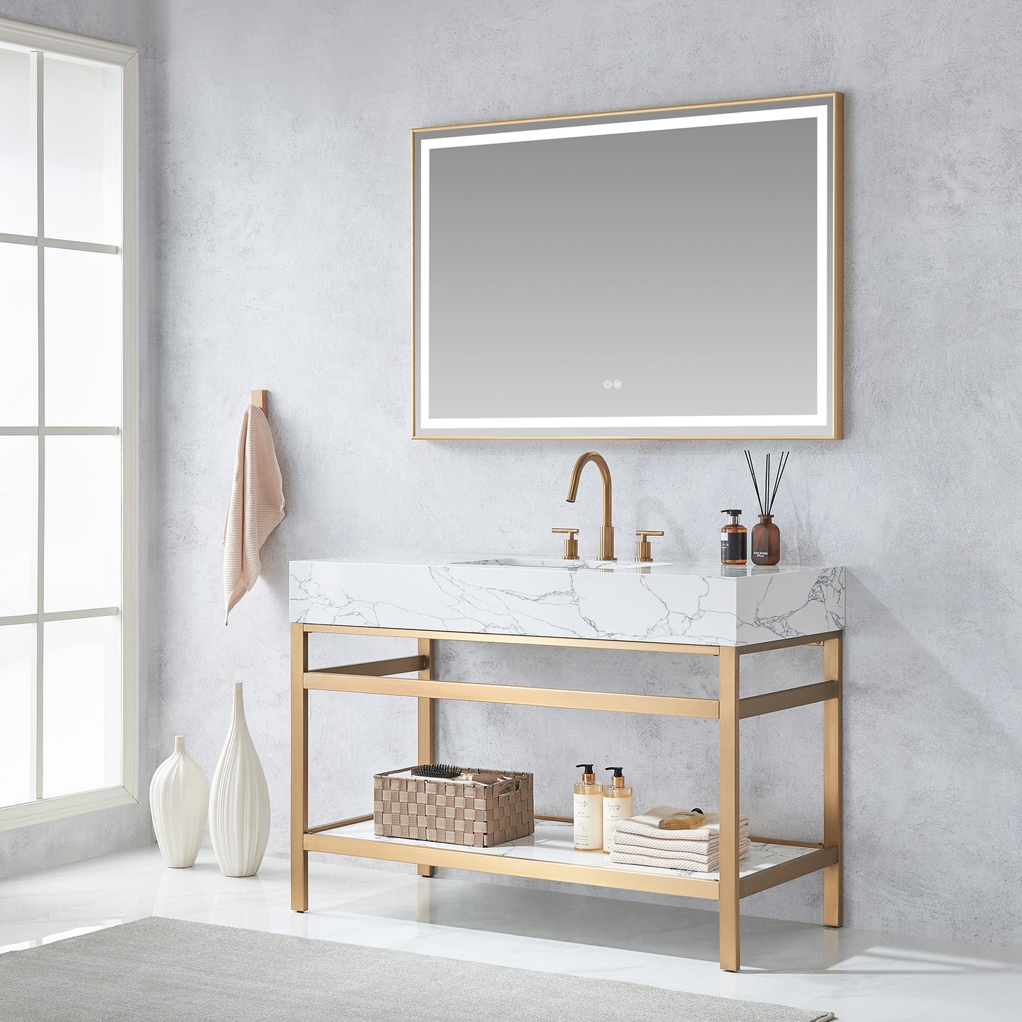 Ecija 48" Free-standing Single Bath Vanity in Brushed Gold Metal Support with Pandora White Composite Stone Top