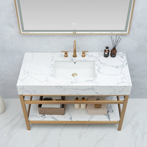 Ecija 48" Free-standing Single Bath Vanity in Brushed Gold Metal Support with Pandora White Composite Stone Top