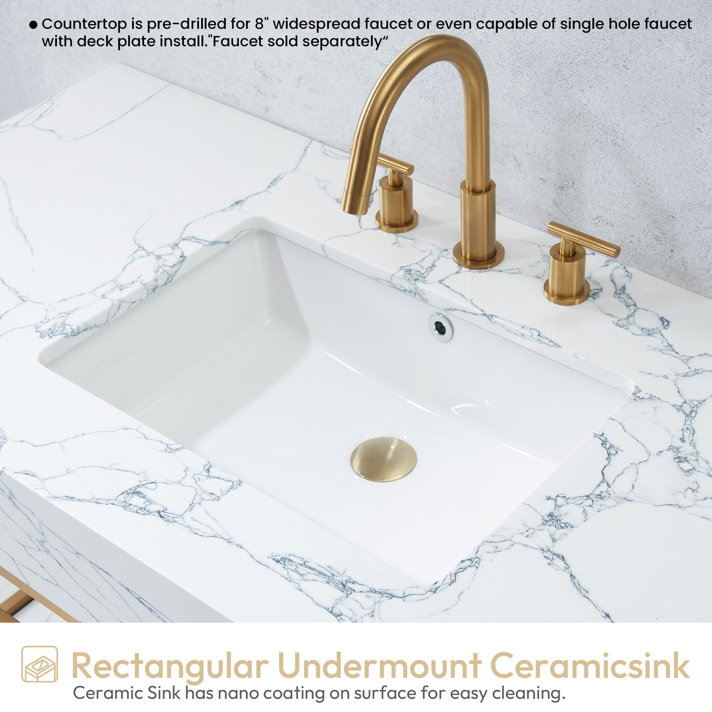 Ecija 48" Free-standing Single Bath Vanity in Brushed Gold Metal Support with Pandora White Composite Stone Top
