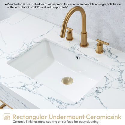 Ecija 48" Free-standing Single Bath Vanity in Brushed Gold Metal Support with Pandora White Composite Stone Top