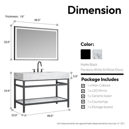 Ecija 48" Free-standing Single Bath Vanity in Matte Black Metal Support with Pandora White Composite Stone Top