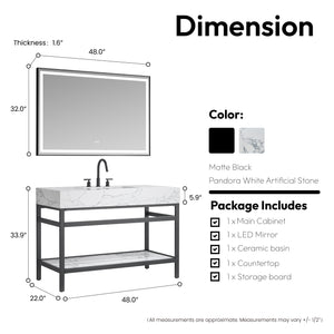 Ecija 48" Free-standing Single Bath Vanity in Matte Black Metal Support with Pandora White Composite Stone Top