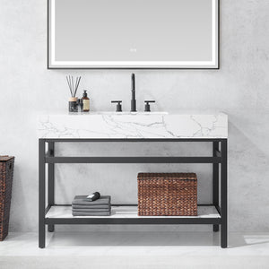 Ecija 48" Free-standing Single Bath Vanity in Matte Black Metal Support with Pandora White Composite Stone Top