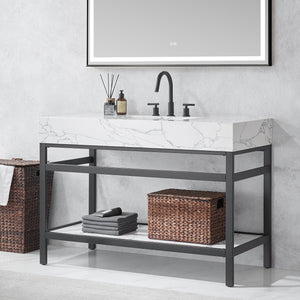 Ecija 48" Free-standing Single Bath Vanity in Matte Black Metal Support with Pandora White Composite Stone Top