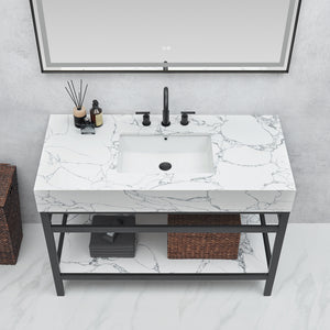 Ecija 48" Free-standing Single Bath Vanity in Matte Black Metal Support with Pandora White Composite Stone Top