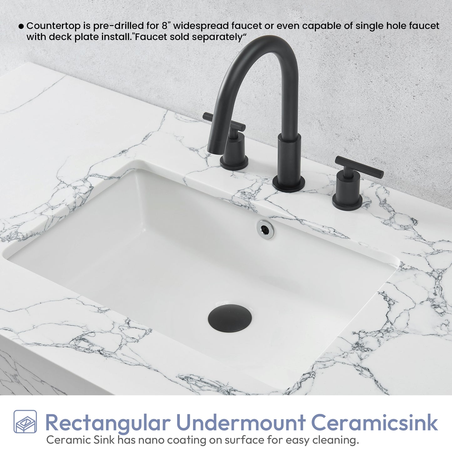 Ecija 48" Free-standing Single Bath Vanity in Matte Black Metal Support with Pandora White Composite Stone Top