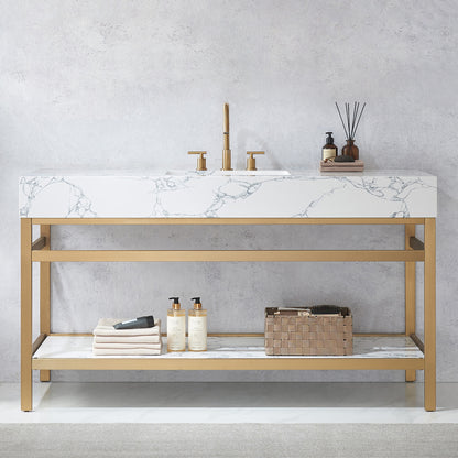 Ecija 60" Free-standing Single Bath Vanity in Brushed Gold Metal Support with Pandora White Composite Stone Top