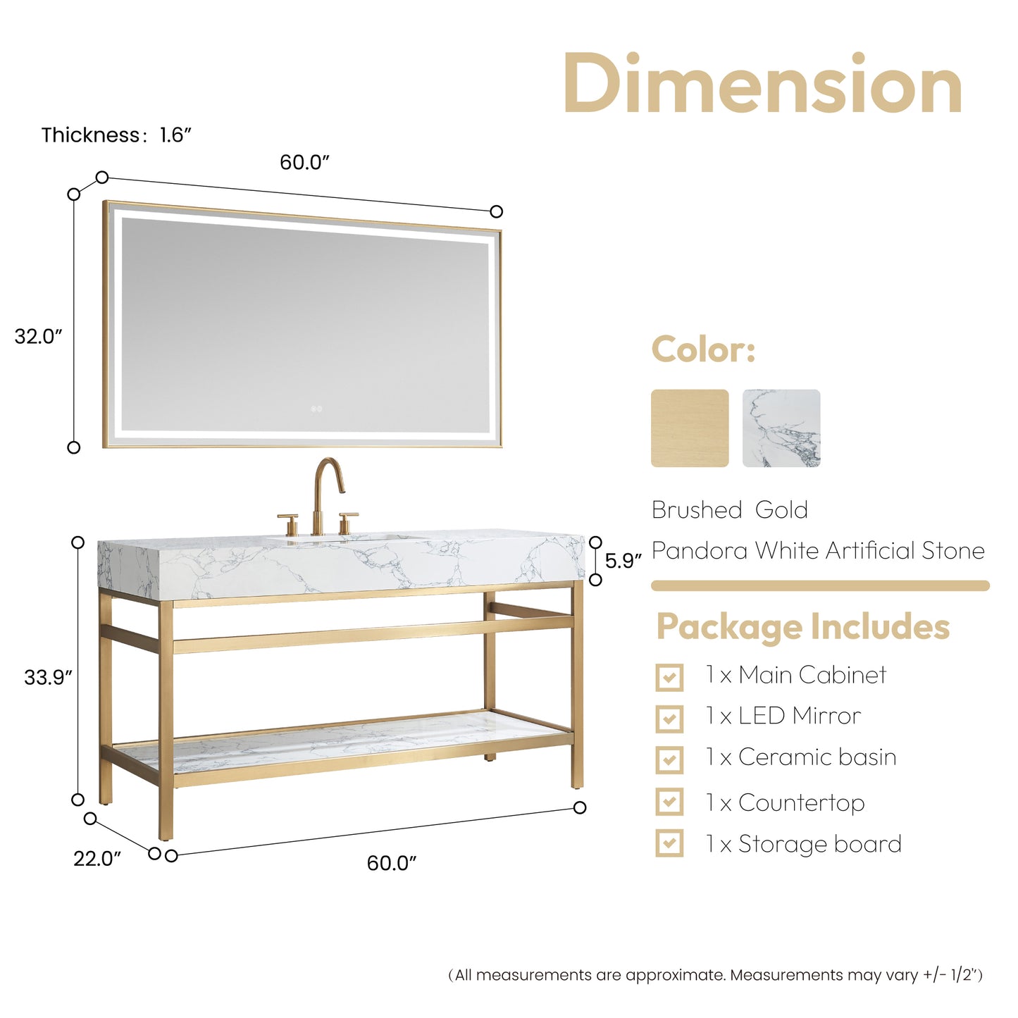 Ecija 60" Free-standing Single Bath Vanity in Brushed Gold Metal Support with Pandora White Composite Stone Top