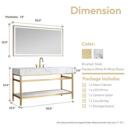 Ecija 60" Free-standing Single Bath Vanity in Brushed Gold Metal Support with Pandora White Composite Stone Top