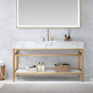 Ecija 60" Free-standing Single Bath Vanity in Brushed Gold Metal Support with Pandora White Composite Stone Top