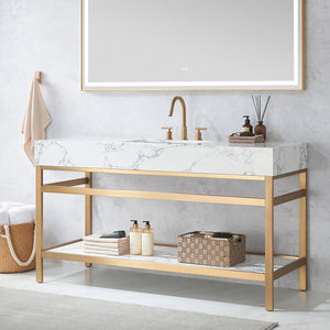 Ecija 60" Free-standing Single Bath Vanity in Brushed Gold Metal Support with Pandora White Composite Stone Top