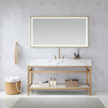 Ecija 60" Free-standing Single Bath Vanity in Brushed Gold Metal Support with Pandora White Composite Stone Top