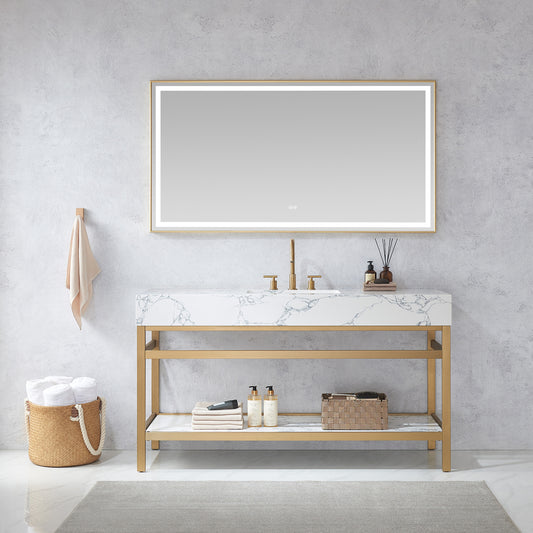 Ecija 60" Free-standing Single Bath Vanity in Brushed Gold Metal Support with Pandora White Composite Stone Top