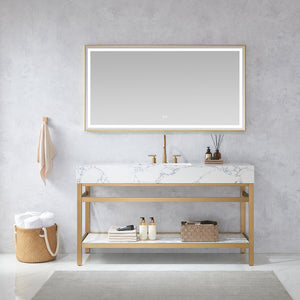 Open image in slideshow, Ecija 60&quot; Free-standing Single Bath Vanity in Brushed Gold Metal Support with Pandora White Composite Stone Top

