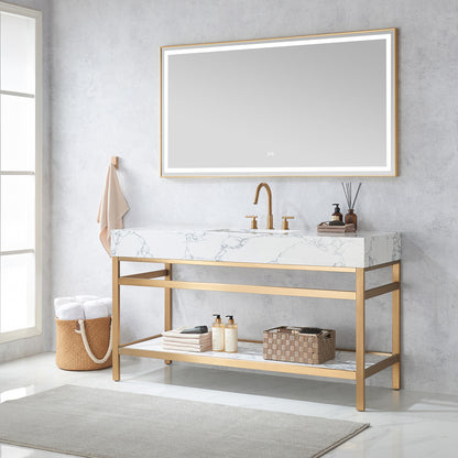 Ecija 60" Free-standing Single Bath Vanity in Brushed Gold Metal Support with Pandora White Composite Stone Top