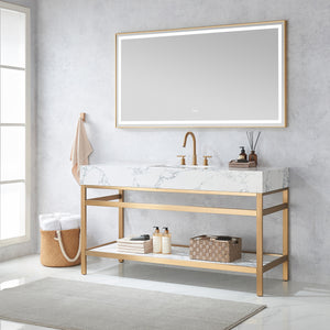 Ecija 60" Free-standing Single Bath Vanity in Brushed Gold Metal Support with Pandora White Composite Stone Top