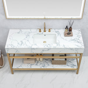 Ecija 60" Free-standing Single Bath Vanity in Brushed Gold Metal Support with Pandora White Composite Stone Top