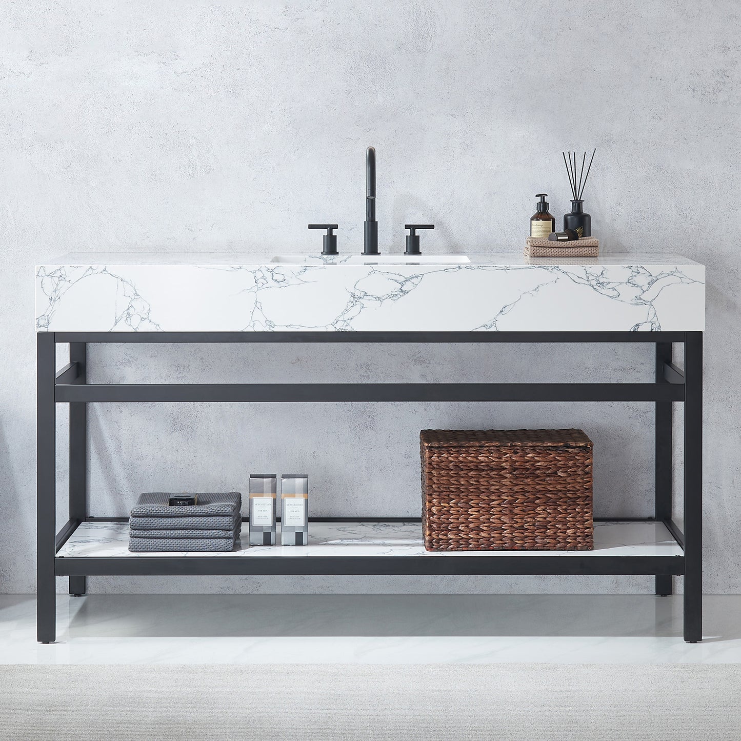 Ecija 60" Free-standing Single Bath Vanity in Matte Black Metal Support with Pandora White Composite Stone Top