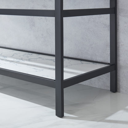 Ecija 60" Free-standing Single Bath Vanity in Matte Black Metal Support with Pandora White Composite Stone Top