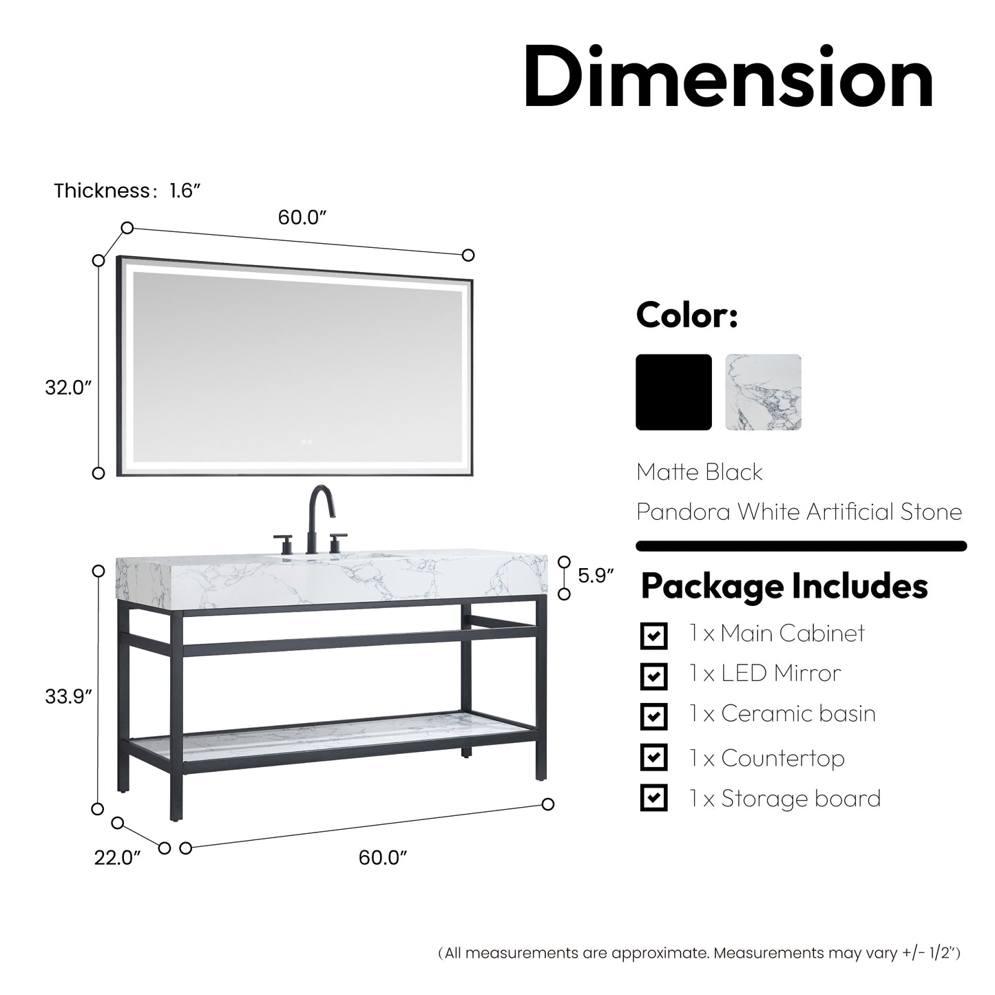 Ecija 60" Free-standing Single Bath Vanity in Matte Black Metal Support with Pandora White Composite Stone Top