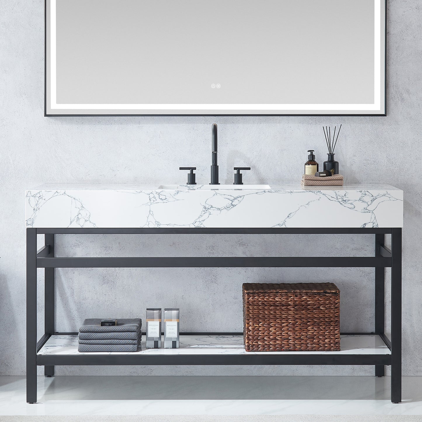 Ecija 60" Free-standing Single Bath Vanity in Matte Black Metal Support with Pandora White Composite Stone Top