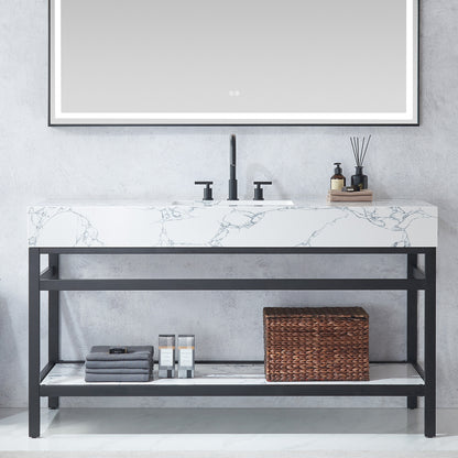 Ecija 60" Free-standing Single Bath Vanity in Matte Black Metal Support with Pandora White Composite Stone Top