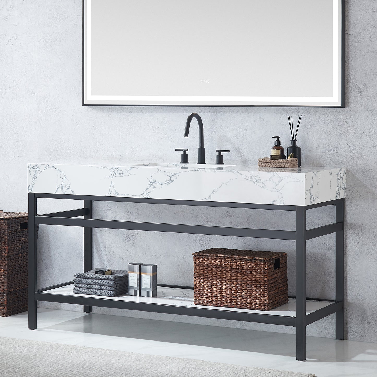 Ecija 60" Free-standing Single Bath Vanity in Matte Black Metal Support with Pandora White Composite Stone Top