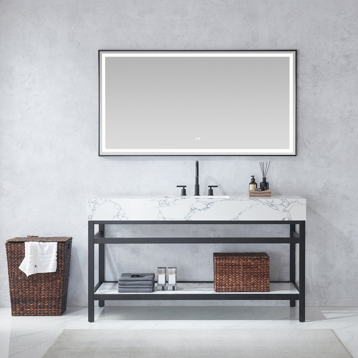 Ecija 60" Free-standing Single Bath Vanity in Matte Black Metal Support with Pandora White Composite Stone Top