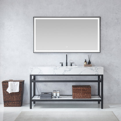 Ecija 60" Free-standing Single Bath Vanity in Matte Black Metal Support with Pandora White Composite Stone Top