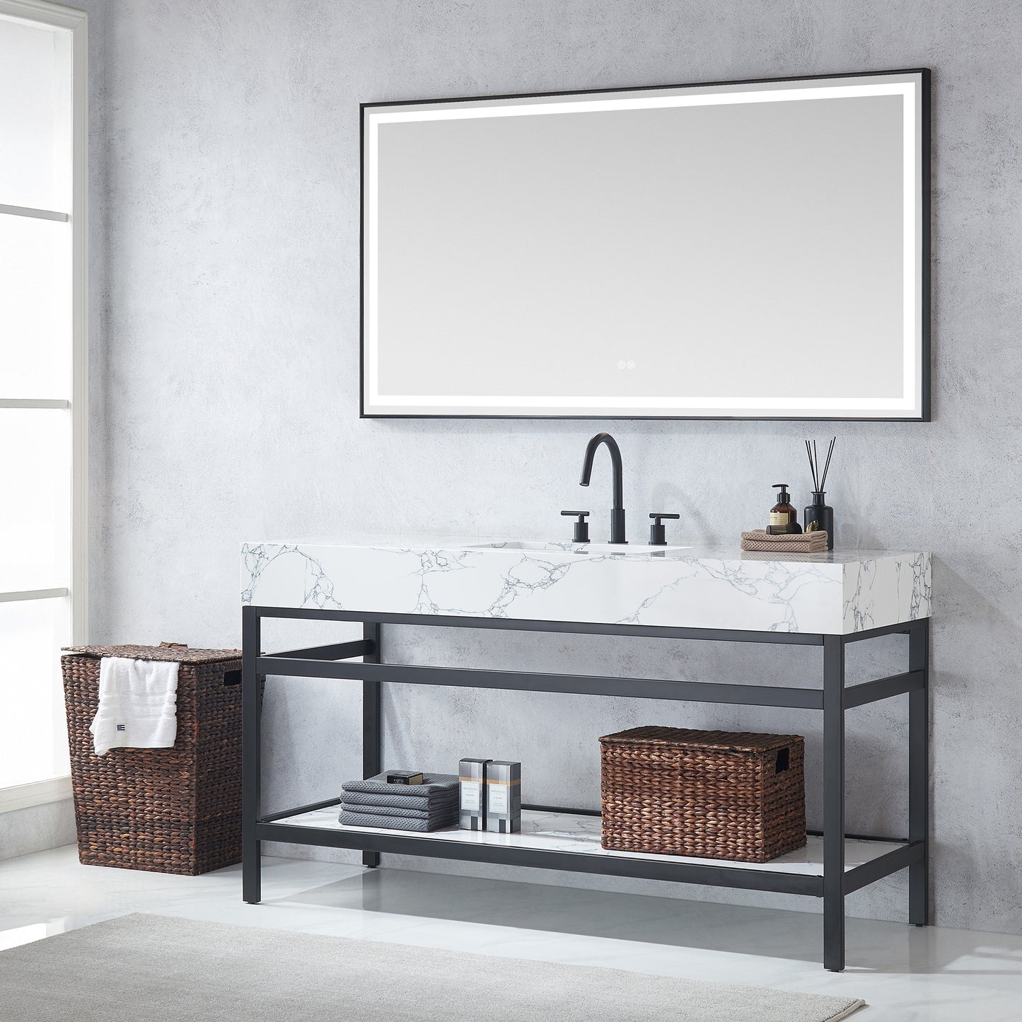 Ecija 60" Free-standing Single Bath Vanity in Matte Black Metal Support with Pandora White Composite Stone Top