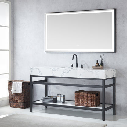Ecija 60" Free-standing Single Bath Vanity in Matte Black Metal Support with Pandora White Composite Stone Top