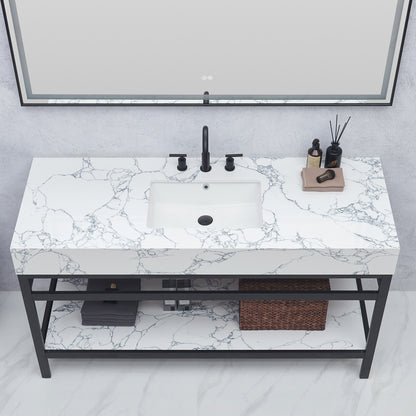 Ecija 60" Free-standing Single Bath Vanity in Matte Black Metal Support with Pandora White Composite Stone Top
