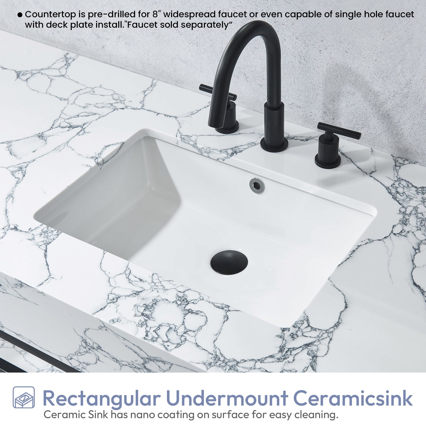 Ecija 60" Free-standing Single Bath Vanity in Matte Black Metal Support with Pandora White Composite Stone Top