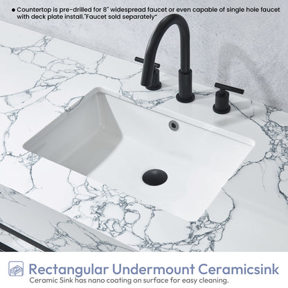 Ecija 60" Free-standing Single Bath Vanity in Matte Black Metal Support with Pandora White Composite Stone Top
