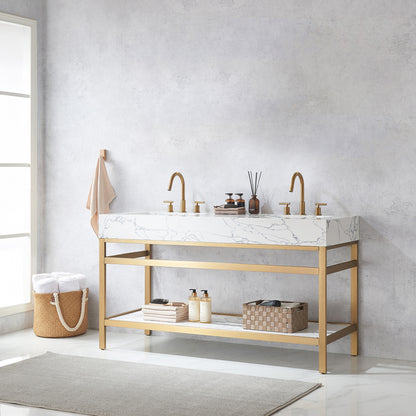 Ecija 60M" Free-standing Double Bath Vanity in Brushed Gold Metal Support with Pandora White Composite Stone Top