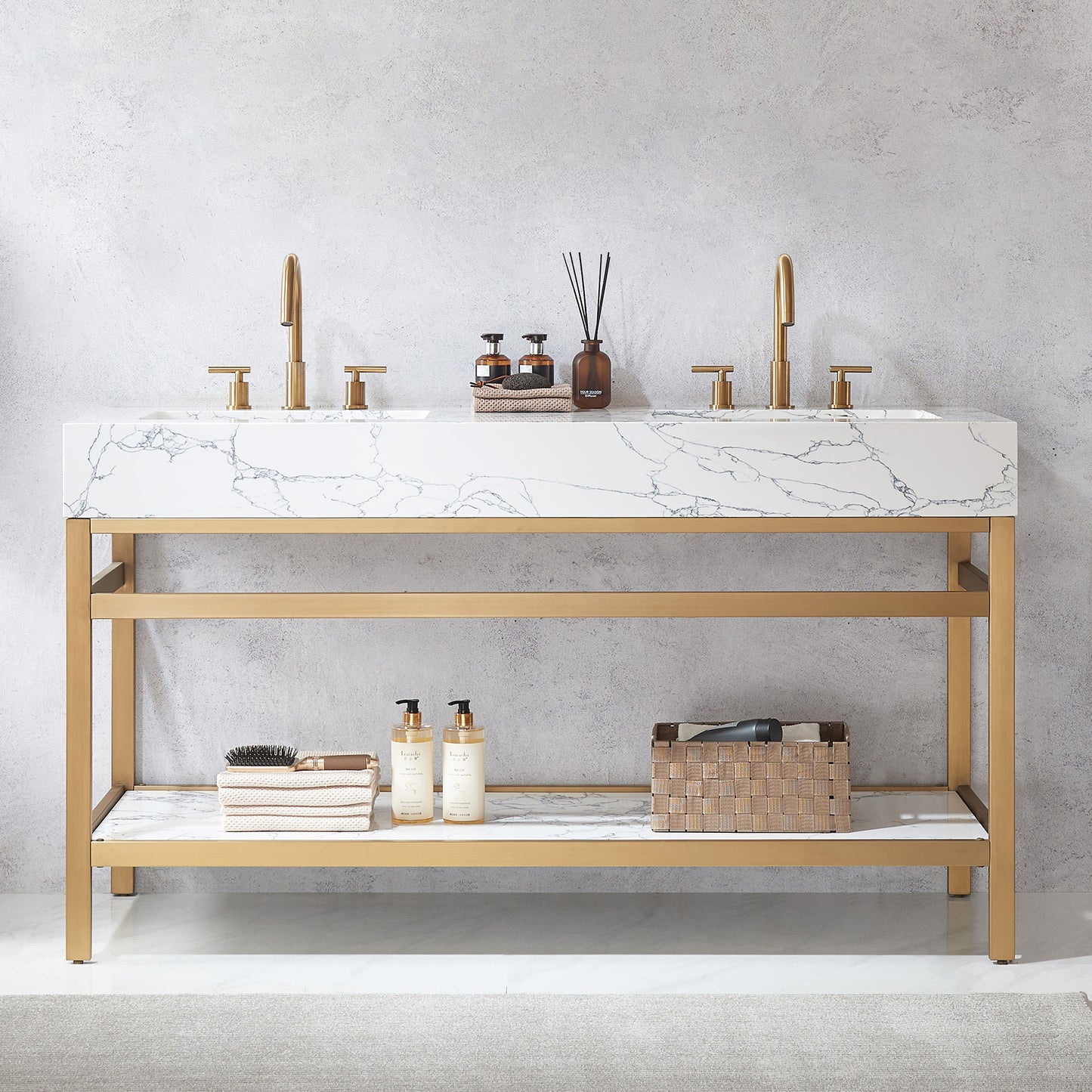 Ecija 60M" Free-standing Double Bath Vanity in Brushed Gold Metal Support with Pandora White Composite Stone Top