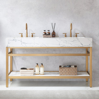 Ecija 60M" Free-standing Double Bath Vanity in Brushed Gold Metal Support with Pandora White Composite Stone Top