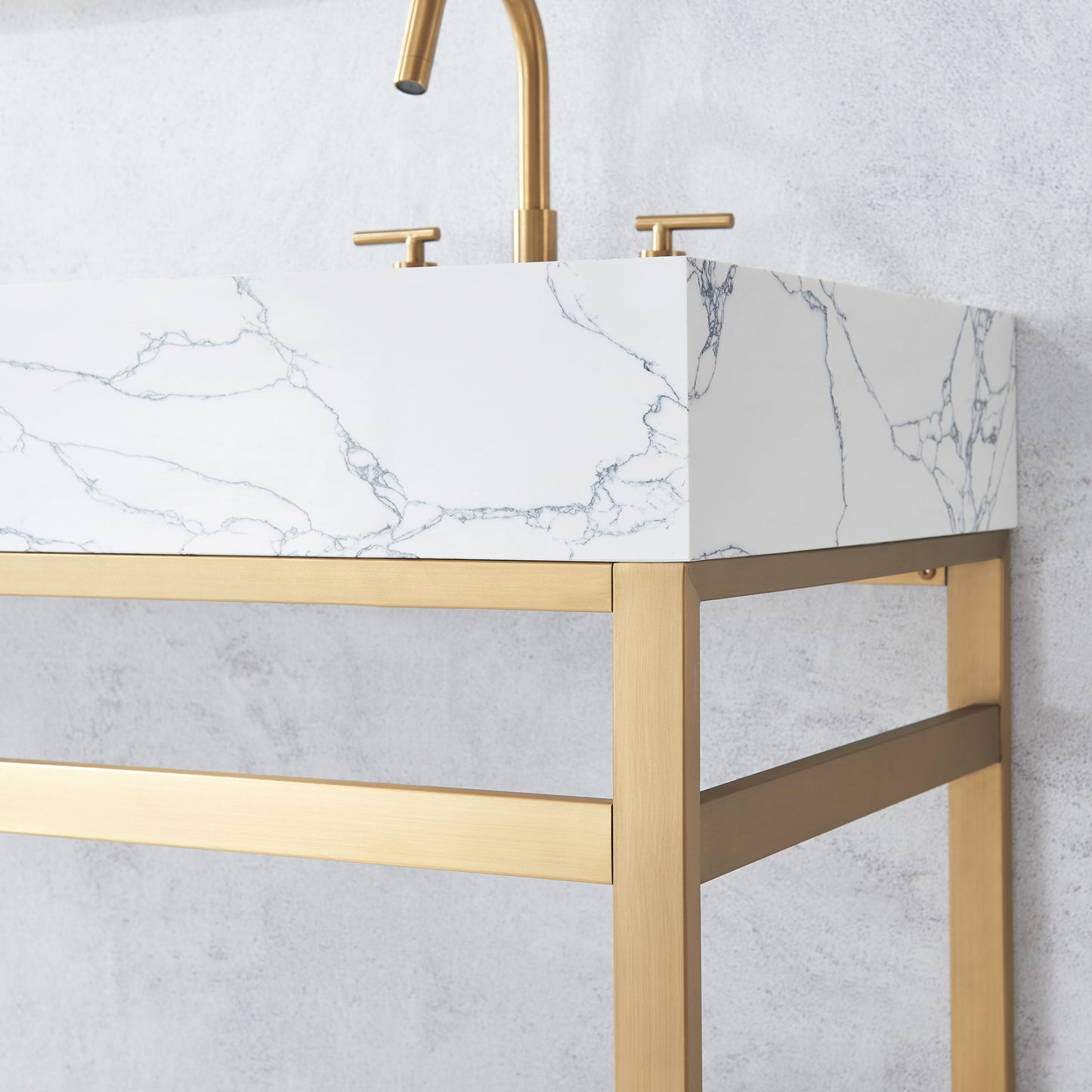 Ecija 60M" Free-standing Double Bath Vanity in Brushed Gold Metal Support with Pandora White Composite Stone Top