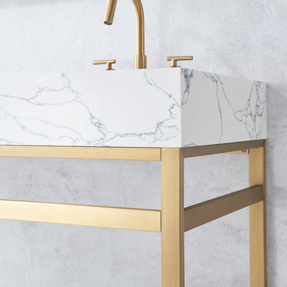 Ecija 60M" Free-standing Double Bath Vanity in Brushed Gold Metal Support with Pandora White Composite Stone Top