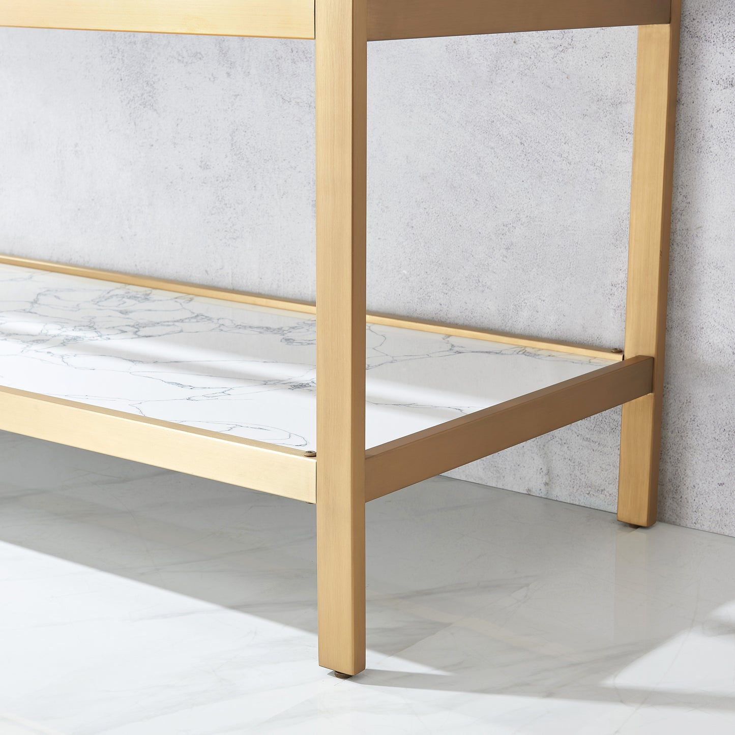 Ecija 60M" Free-standing Double Bath Vanity in Brushed Gold Metal Support with Pandora White Composite Stone Top