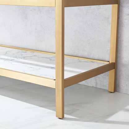 Ecija 60M" Free-standing Double Bath Vanity in Brushed Gold Metal Support with Pandora White Composite Stone Top