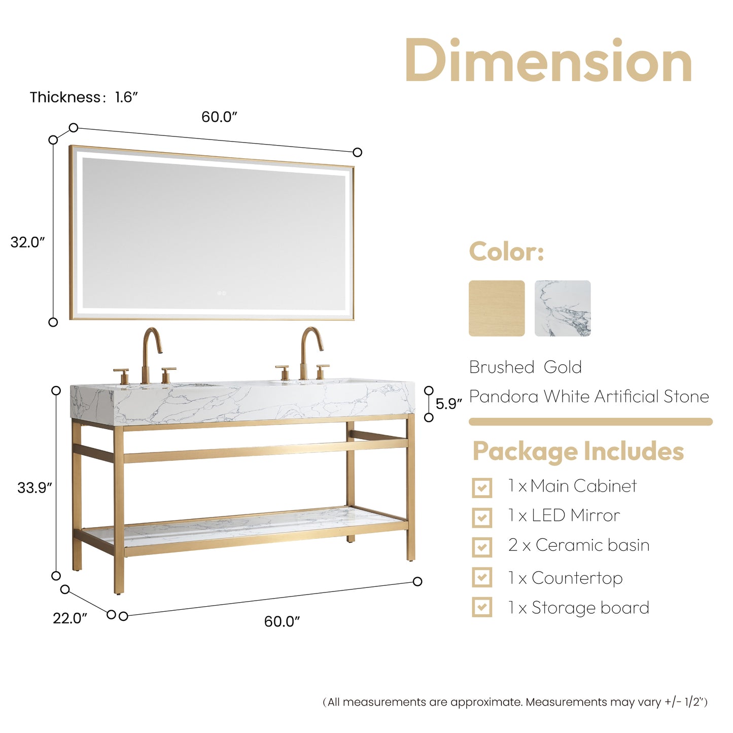 Ecija 60M" Free-standing Double Bath Vanity in Brushed Gold Metal Support with Pandora White Composite Stone Top