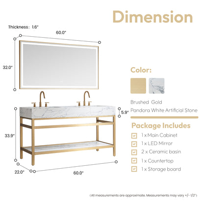 Ecija 60M" Free-standing Double Bath Vanity in Brushed Gold Metal Support with Pandora White Composite Stone Top