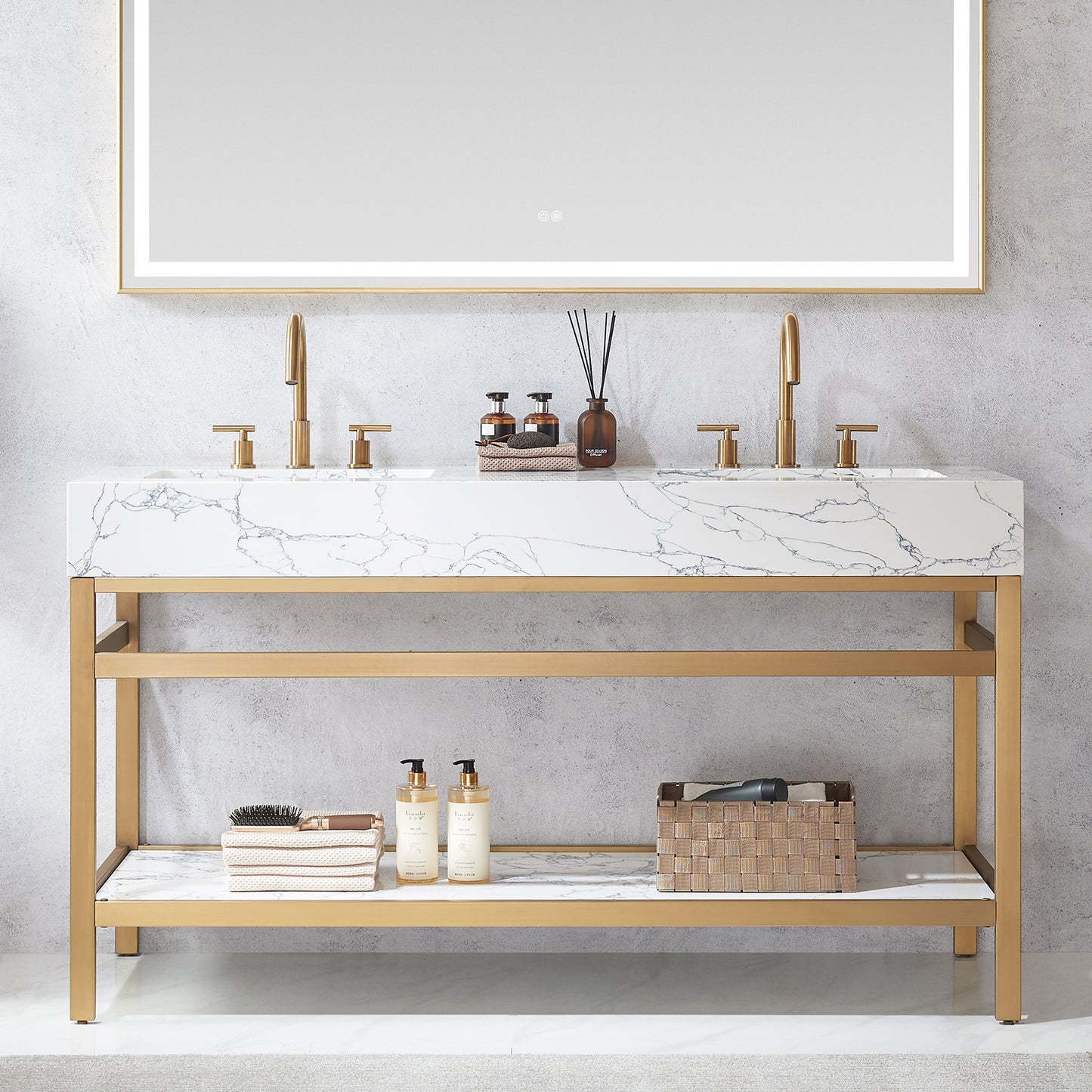 Ecija 60M" Free-standing Double Bath Vanity in Brushed Gold Metal Support with Pandora White Composite Stone Top