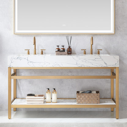 Ecija 60M" Free-standing Double Bath Vanity in Brushed Gold Metal Support with Pandora White Composite Stone Top