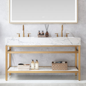 Ecija 60M" Free-standing Double Bath Vanity in Brushed Gold Metal Support with Pandora White Composite Stone Top
