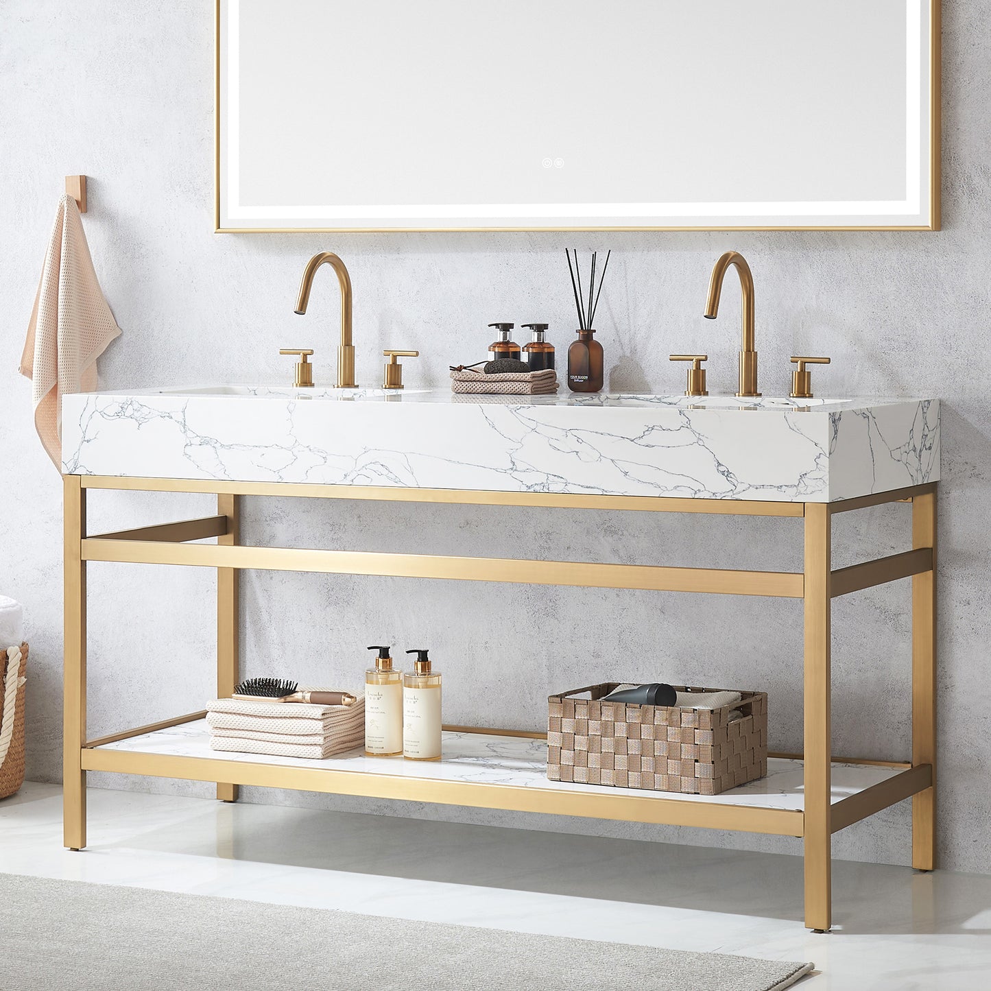 Ecija 60M" Free-standing Double Bath Vanity in Brushed Gold Metal Support with Pandora White Composite Stone Top