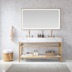 60" Free-standing Double Bath Vanity in Brushed Gold Metal Support with Pandora White Composite Stone Top and Mirror