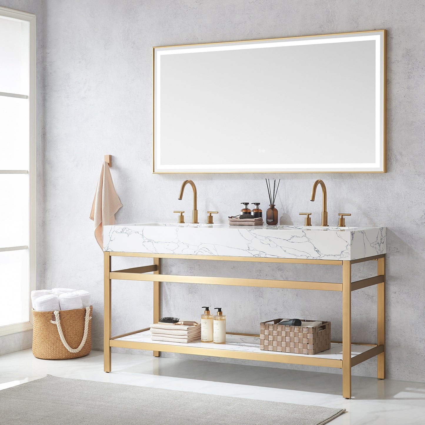 Ecija 60M" Free-standing Double Bath Vanity in Brushed Gold Metal Support with Pandora White Composite Stone Top